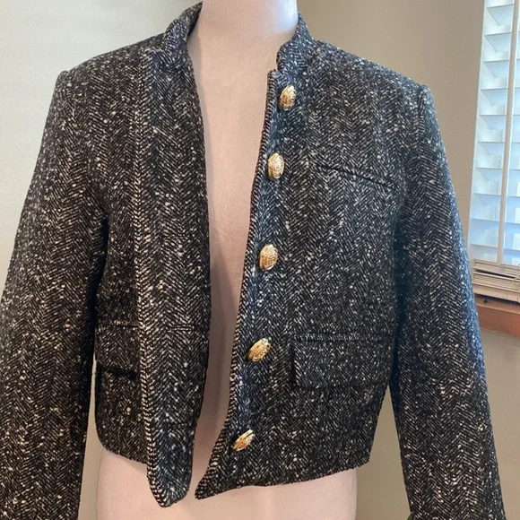H&M Tweed Cropped Jacket Medium Black White Boucle Blazer Gold Buttons Classic - Picture 11 of 14